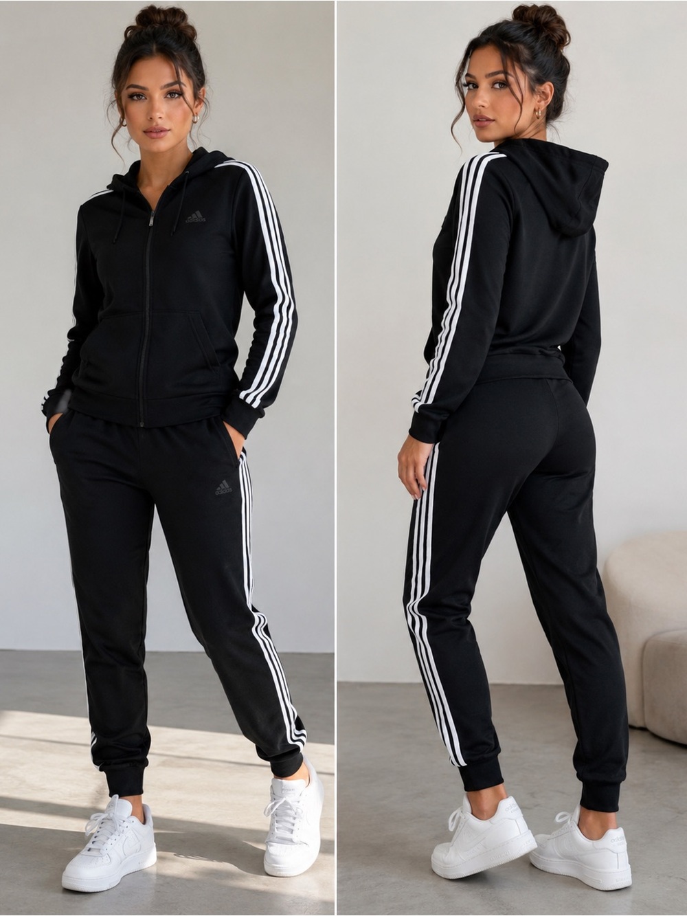 Adidas Women's Black Three-Stripe Hooded Track Pants Set Top M Bottom S